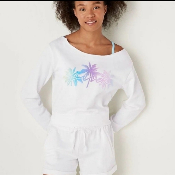 PINK Victoria's Secret Sweatshirt - White with Pastel Palm Design - Picture 3 of 7